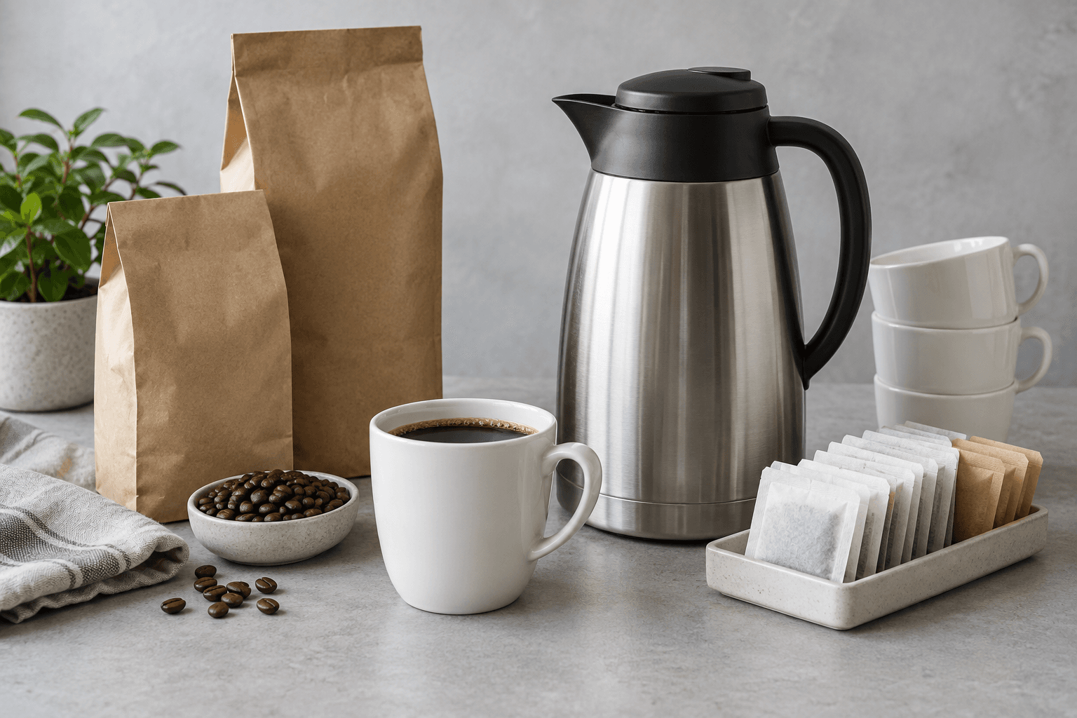 Coffee bags, a ceramic mug, tea and a stainless steel coffee carafe