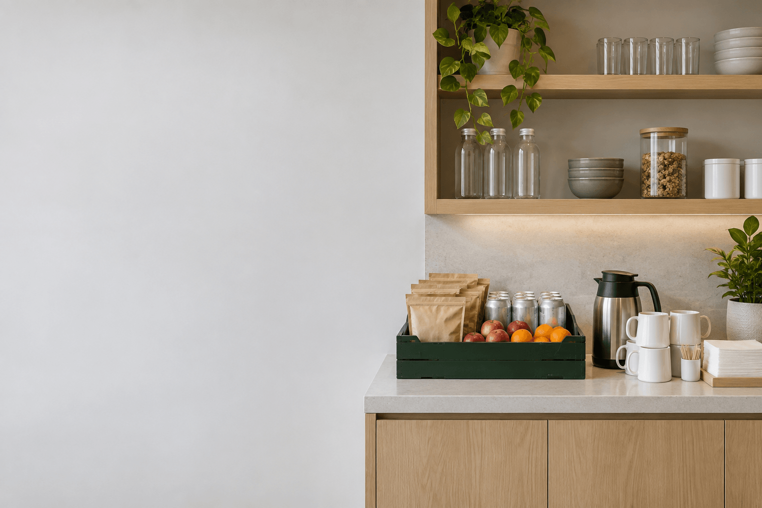 A bright workplace breakroom with coffee, fresh fruit and neatly arranged supplies